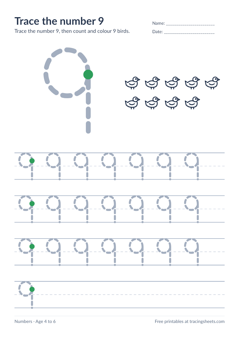 Preview of the printable trace the number 9 worksheet
