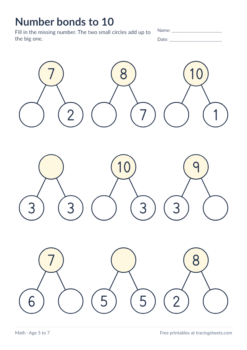Preview of the printable number bonds to 10 worksheet