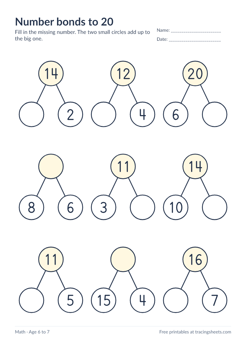 Preview of the printable number bonds to 20 worksheet
