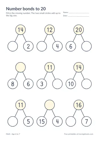 Preview of the number bonds to 20 worksheet