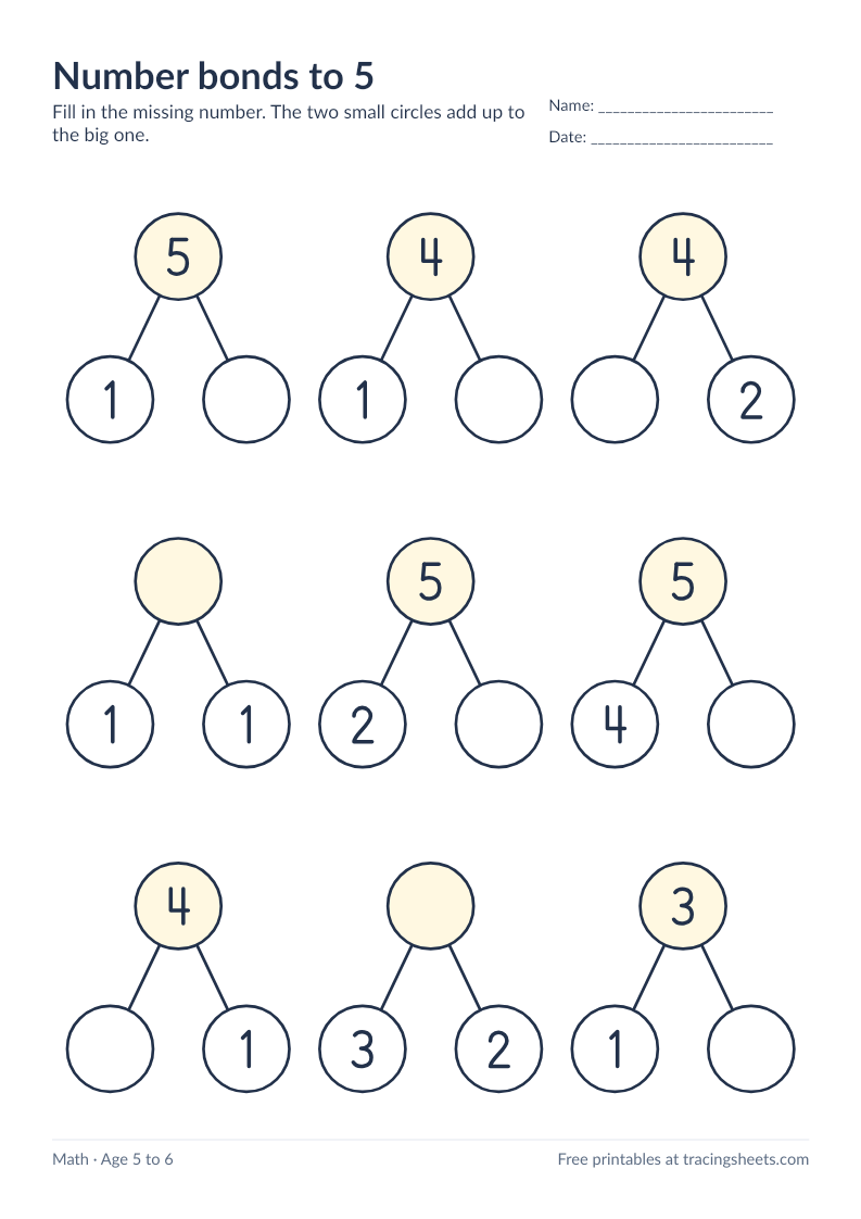 Preview of the printable number bonds to 5 worksheet