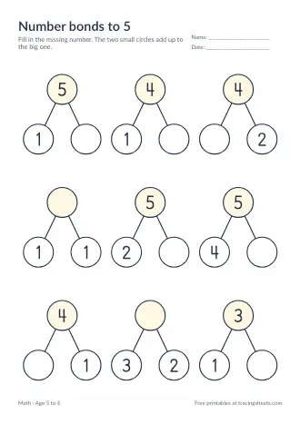 Preview of the number bonds to 5 worksheet