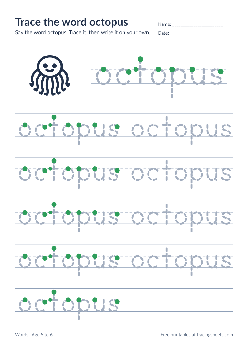 Preview of the printable trace the word octopus worksheet