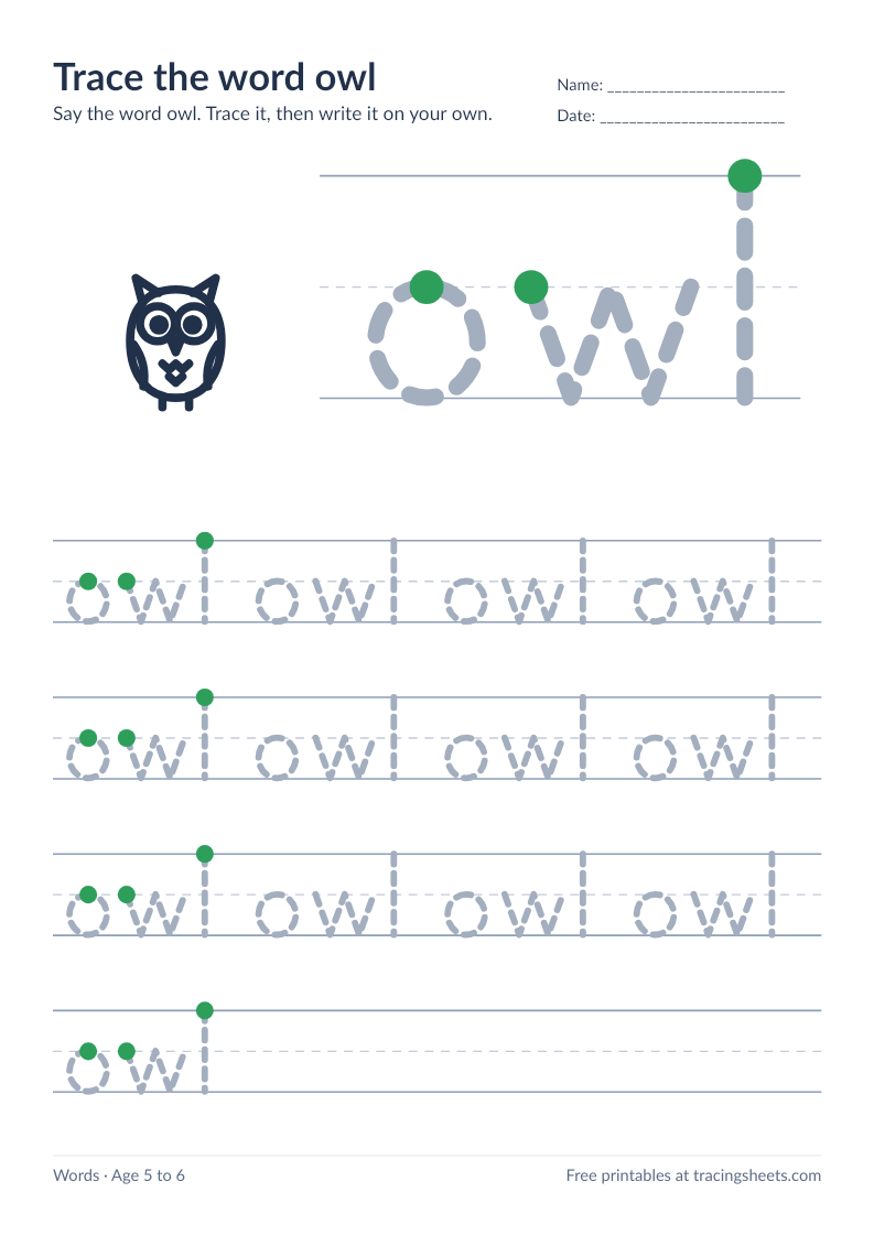 Preview of the printable trace the word owl worksheet