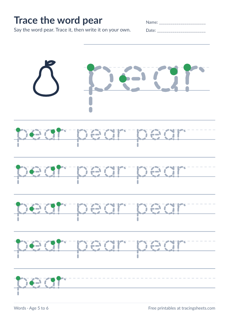 Preview of the printable trace the word pear worksheet