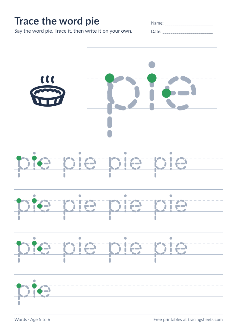 Preview of the printable trace the word pie worksheet