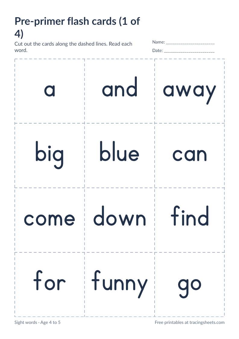 Preview of the printable pre-primer flash cards (1 of 4) worksheet