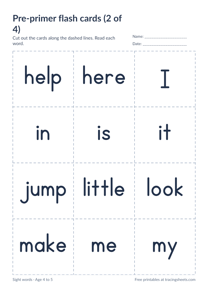 Preview of the printable pre-primer flash cards (2 of 4) worksheet