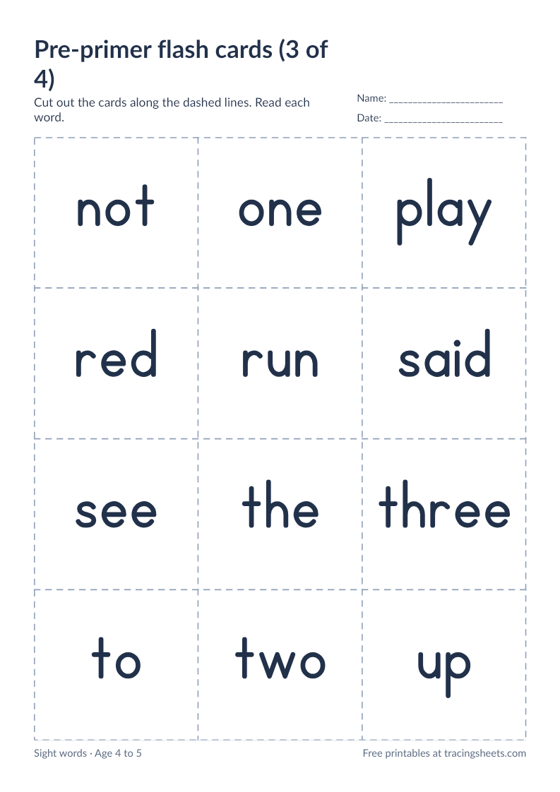 Preview of the printable pre-primer flash cards (3 of 4) worksheet