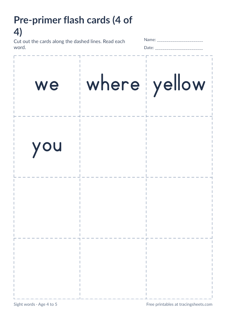 Preview of the printable pre-primer flash cards (4 of 4) worksheet