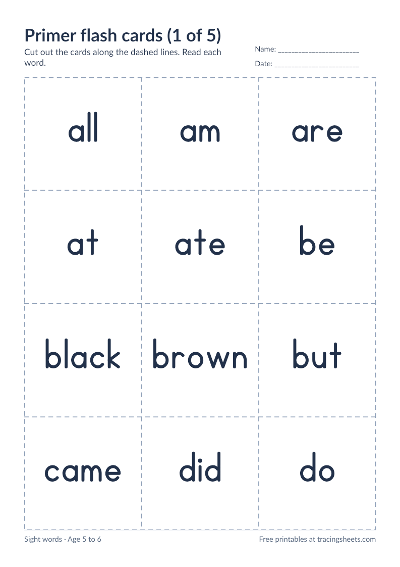 Preview of the printable primer flash cards (1 of 5) worksheet