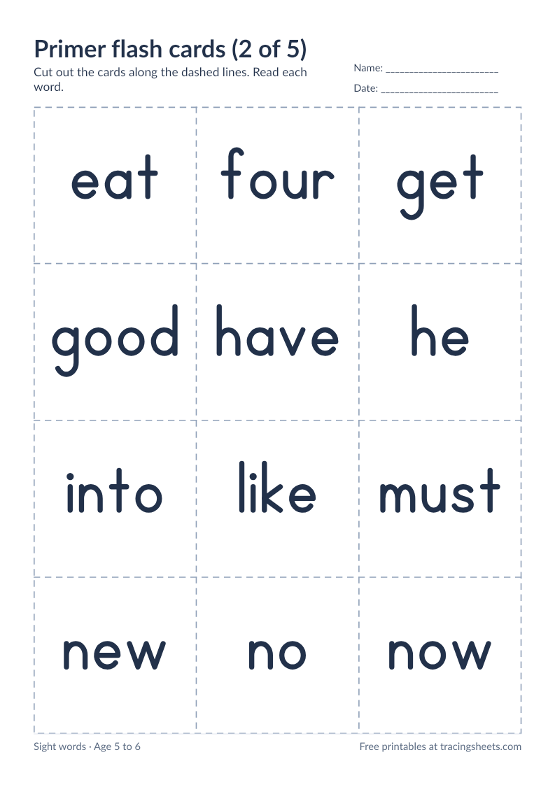 Preview of the printable primer flash cards (2 of 5) worksheet