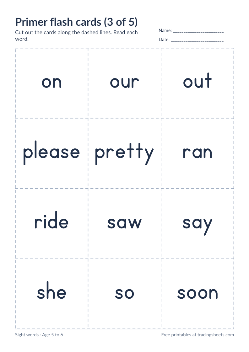 Preview of the printable primer flash cards (3 of 5) worksheet