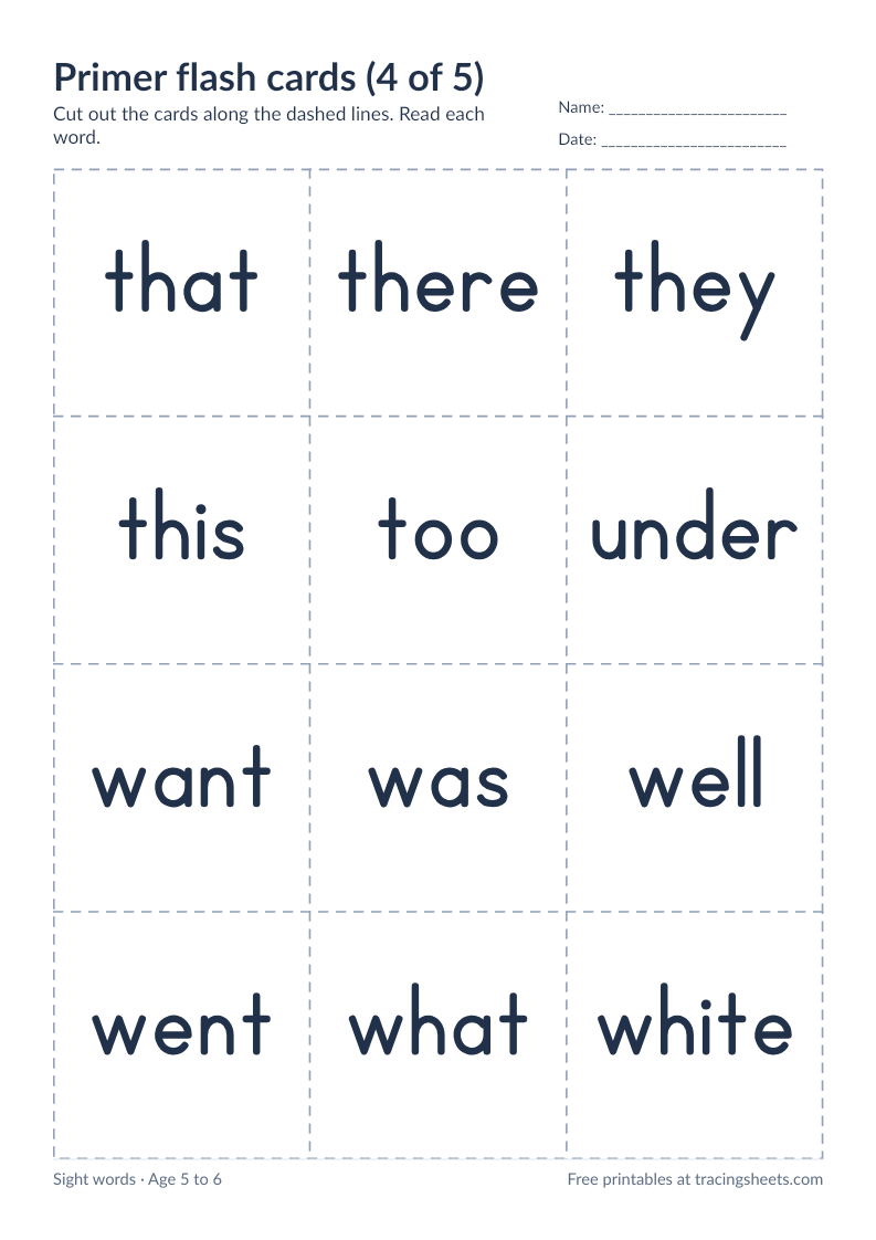 Preview of the printable primer flash cards (4 of 5) worksheet
