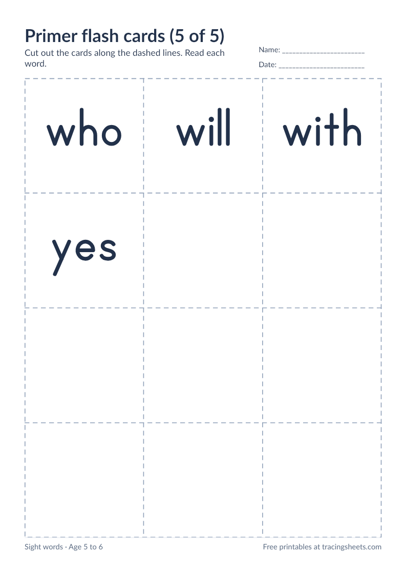 Preview of the printable primer flash cards (5 of 5) worksheet