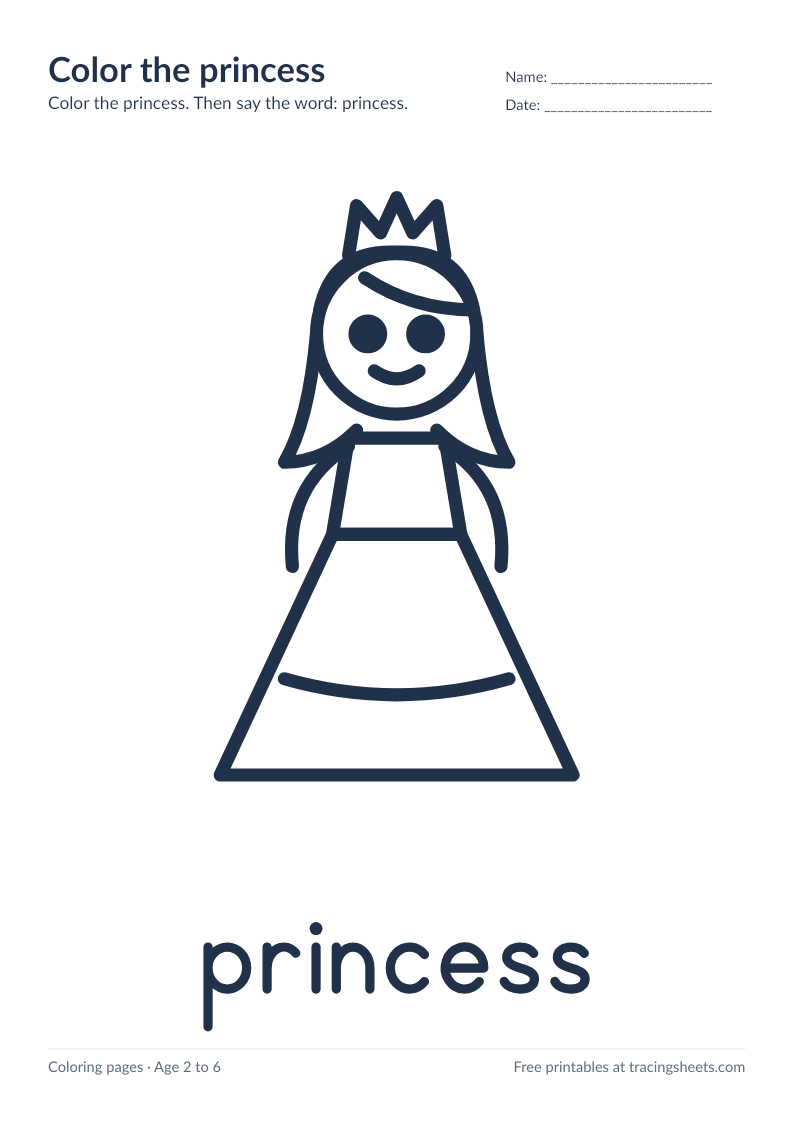 Preview of the printable color the princess worksheet