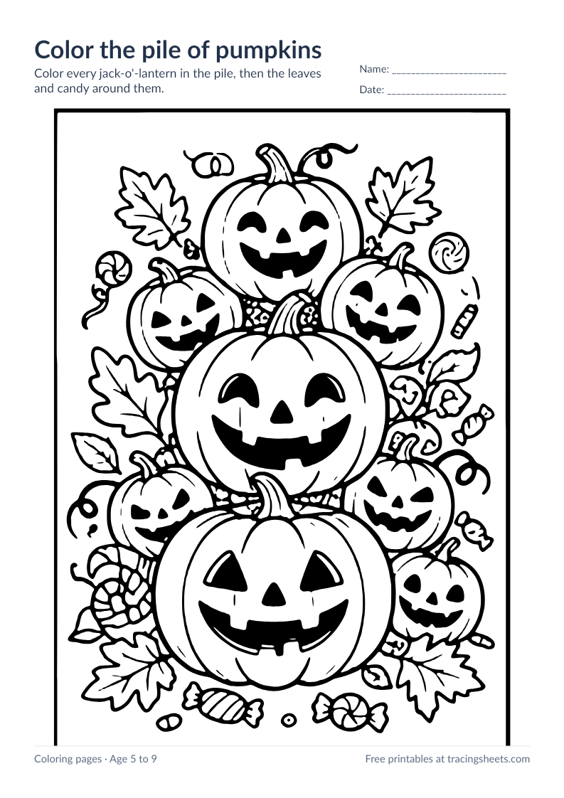 Preview of the printable color the pile of pumpkins worksheet
