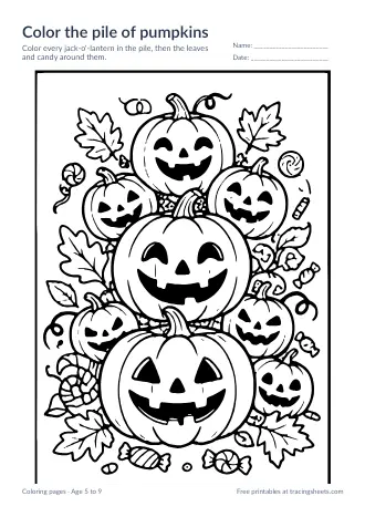Preview of the color the pile of pumpkins worksheet