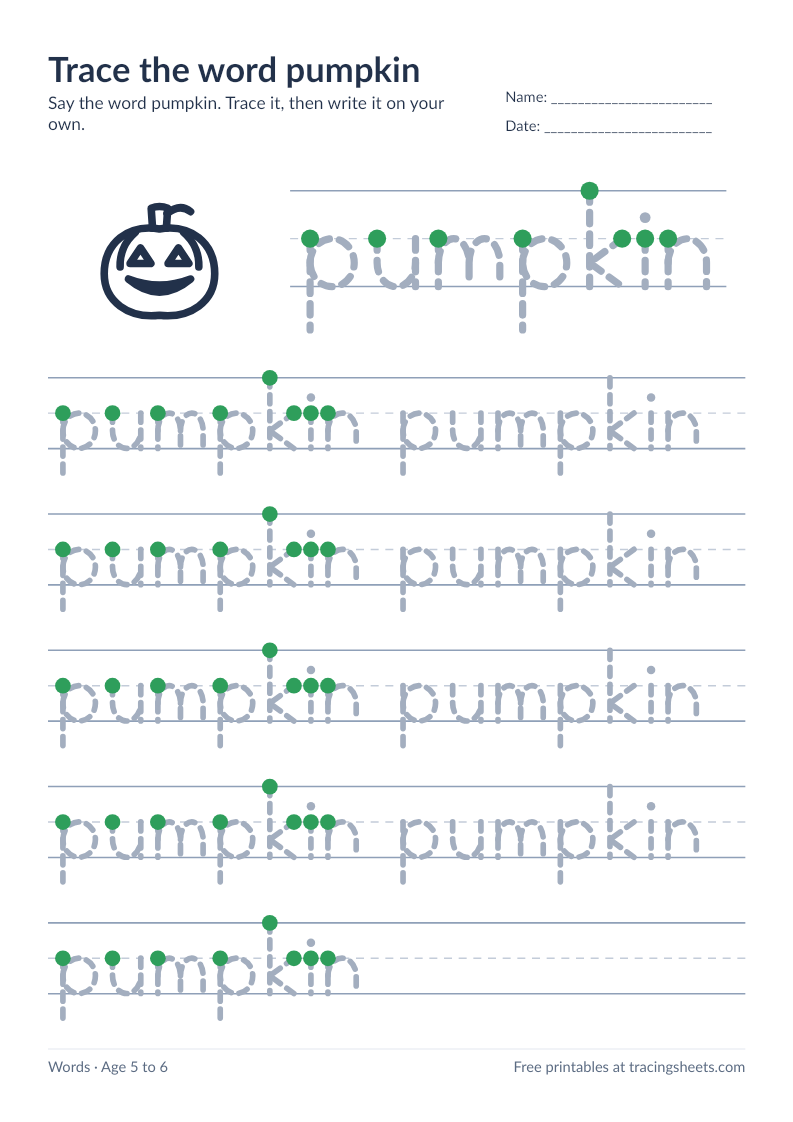 Preview of the printable trace the word pumpkin worksheet