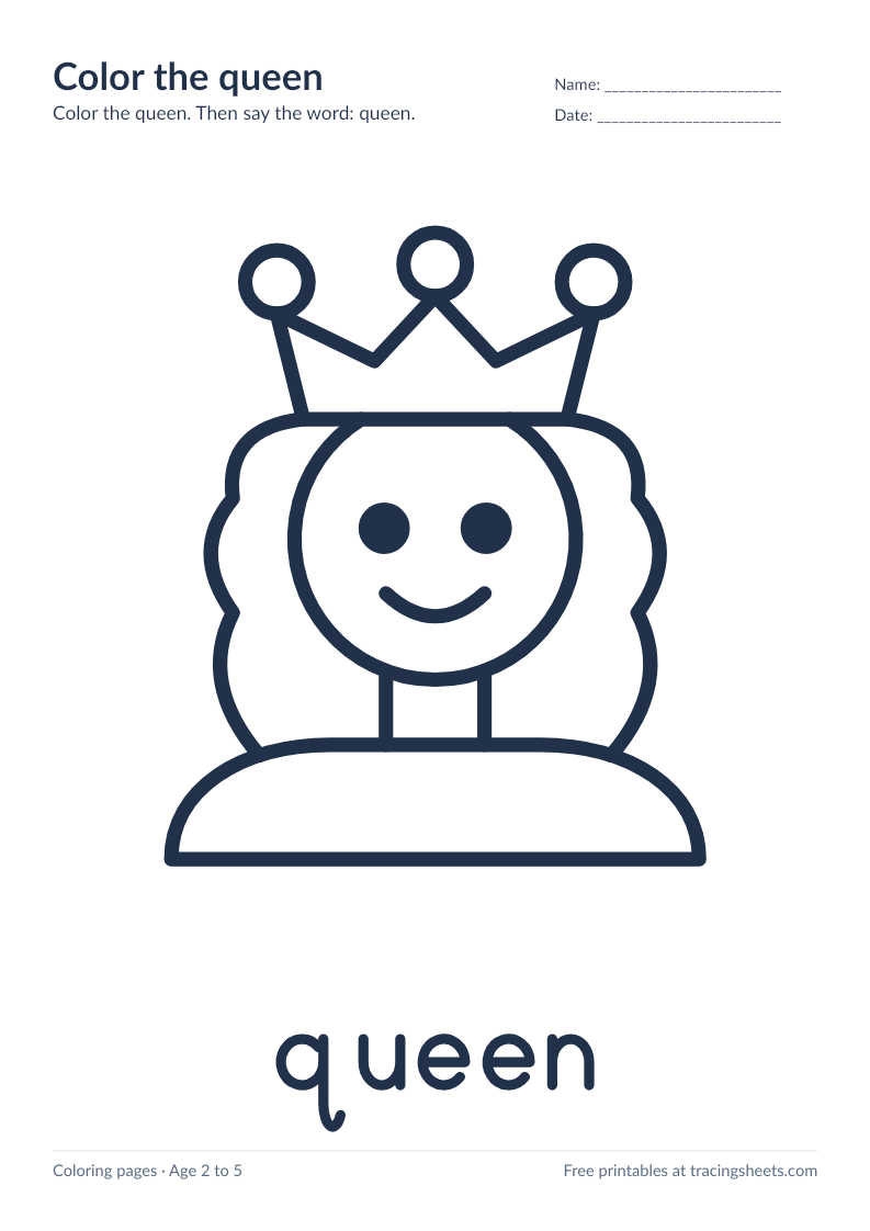 Preview of the printable color the queen worksheet
