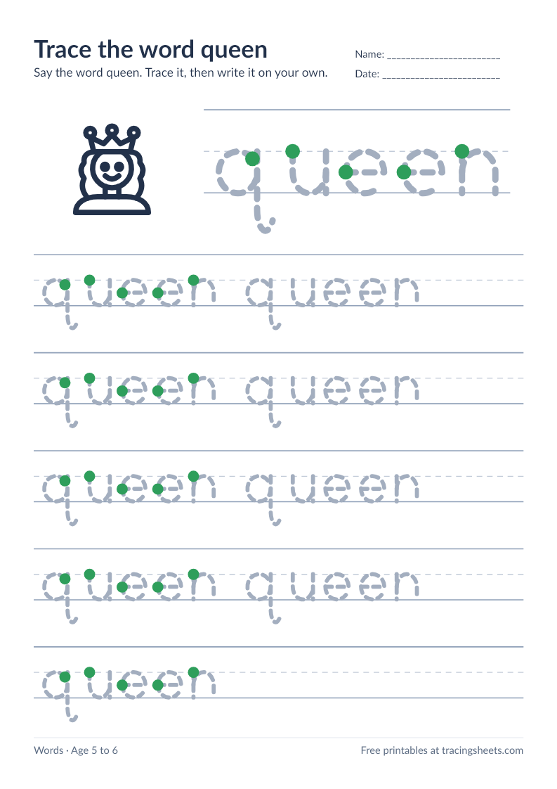 Preview of the printable trace the word queen worksheet
