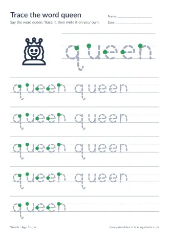 Preview of the trace the word queen worksheet