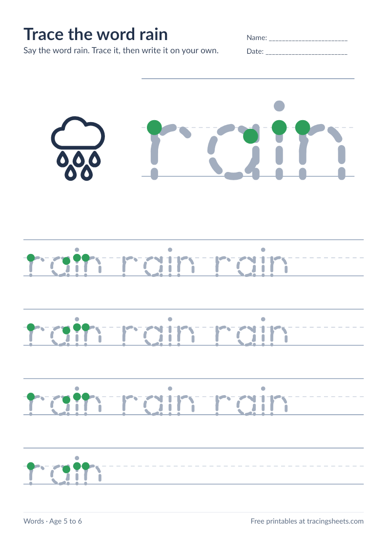 Preview of the printable trace the word rain worksheet