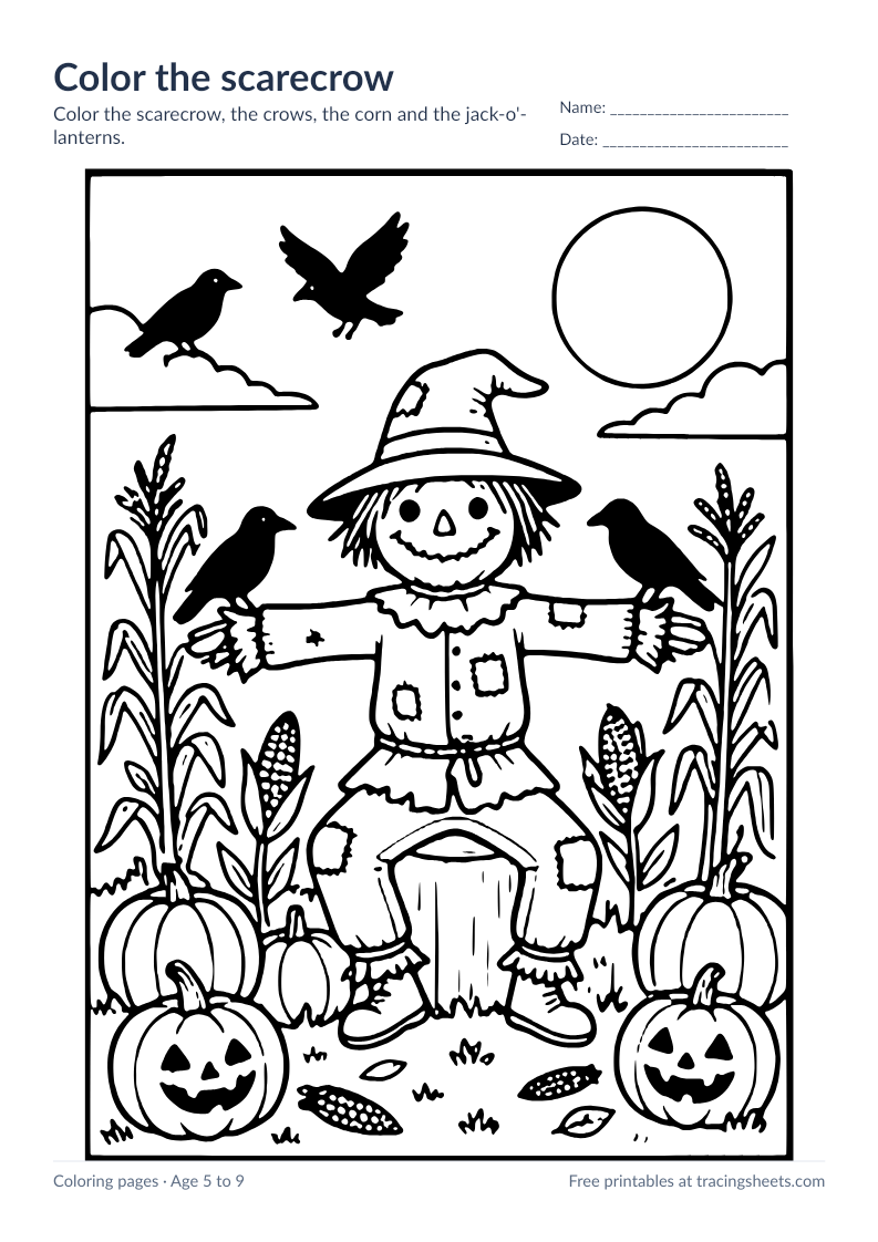 Preview of the printable color the scarecrow worksheet