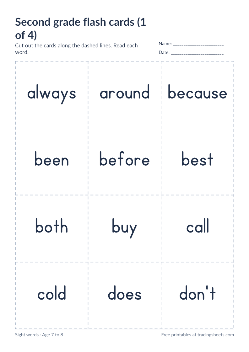 Preview of the printable second grade flash cards (1 of 4) worksheet