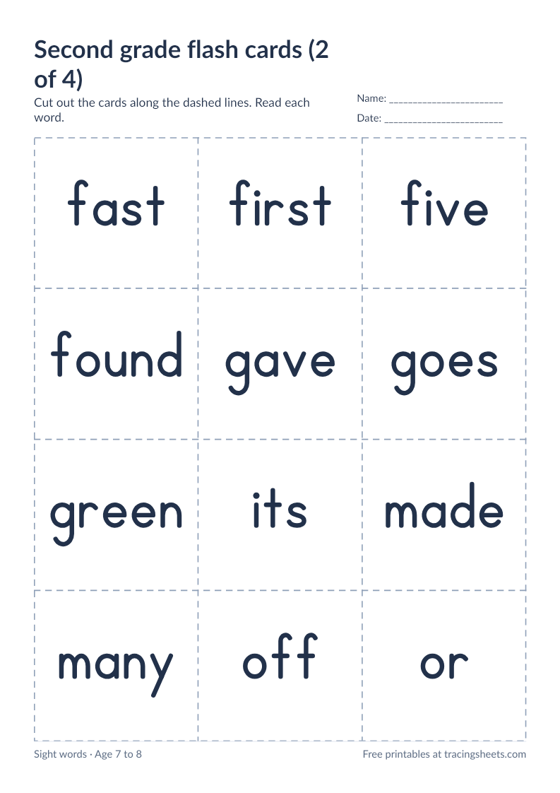 Preview of the printable second grade flash cards (2 of 4) worksheet
