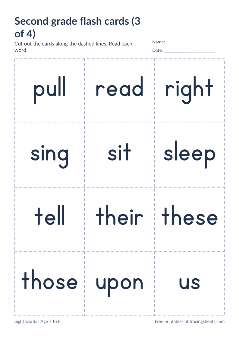 Preview of the printable second grade flash cards (3 of 4) worksheet