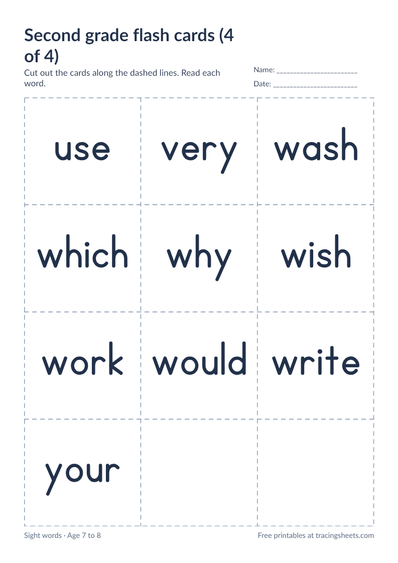 Preview of the printable second grade flash cards (4 of 4) worksheet