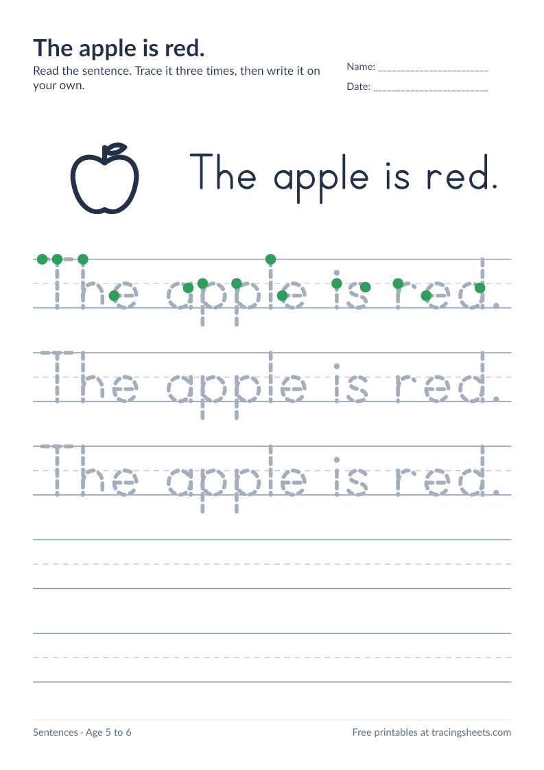 Preview of the printable the apple is red. worksheet
