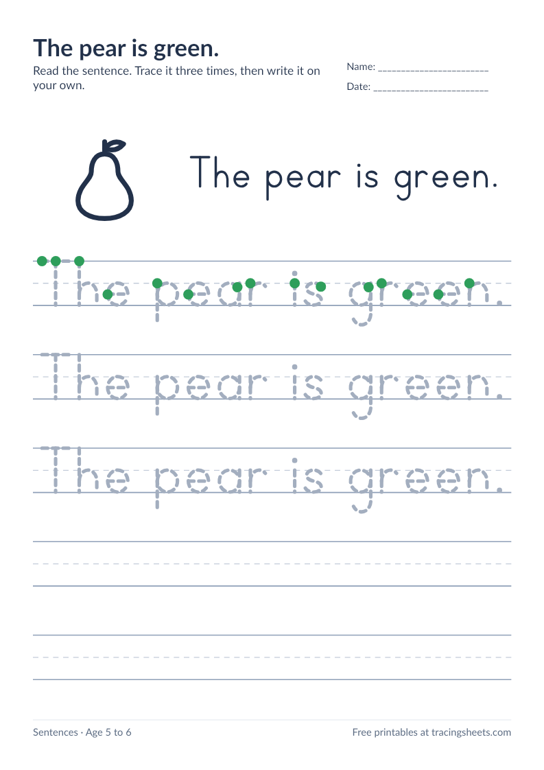 Preview of the printable the pear is green. worksheet
