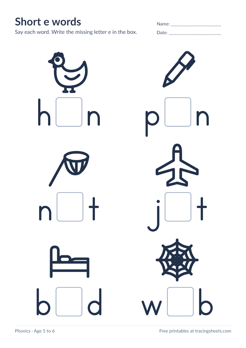 Preview of the printable short e words worksheet