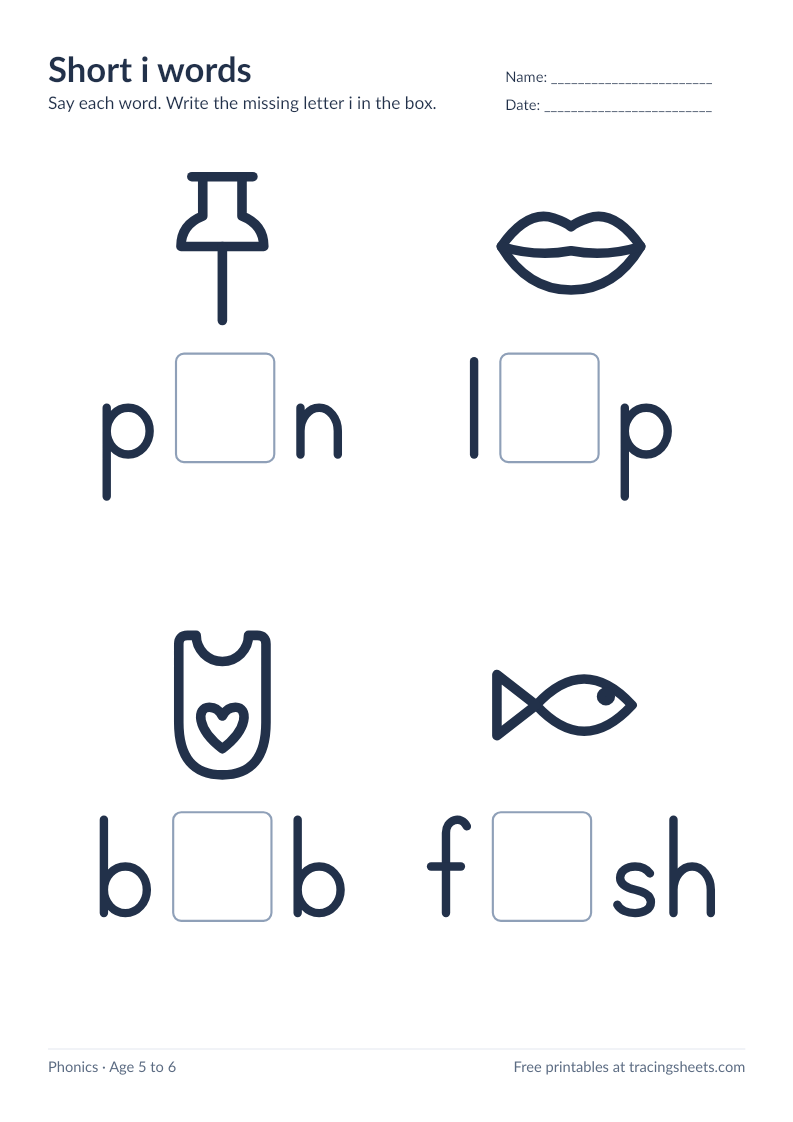 Preview of the printable short i words worksheet