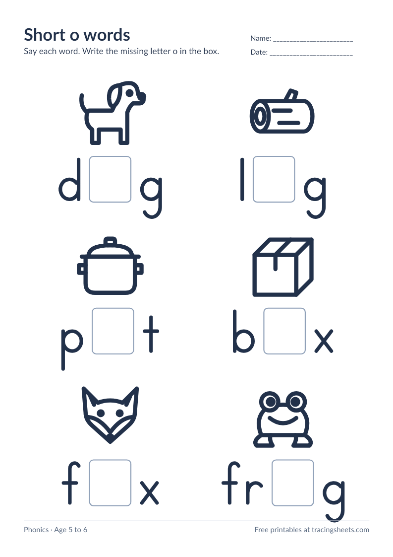 Preview of the printable short o words worksheet