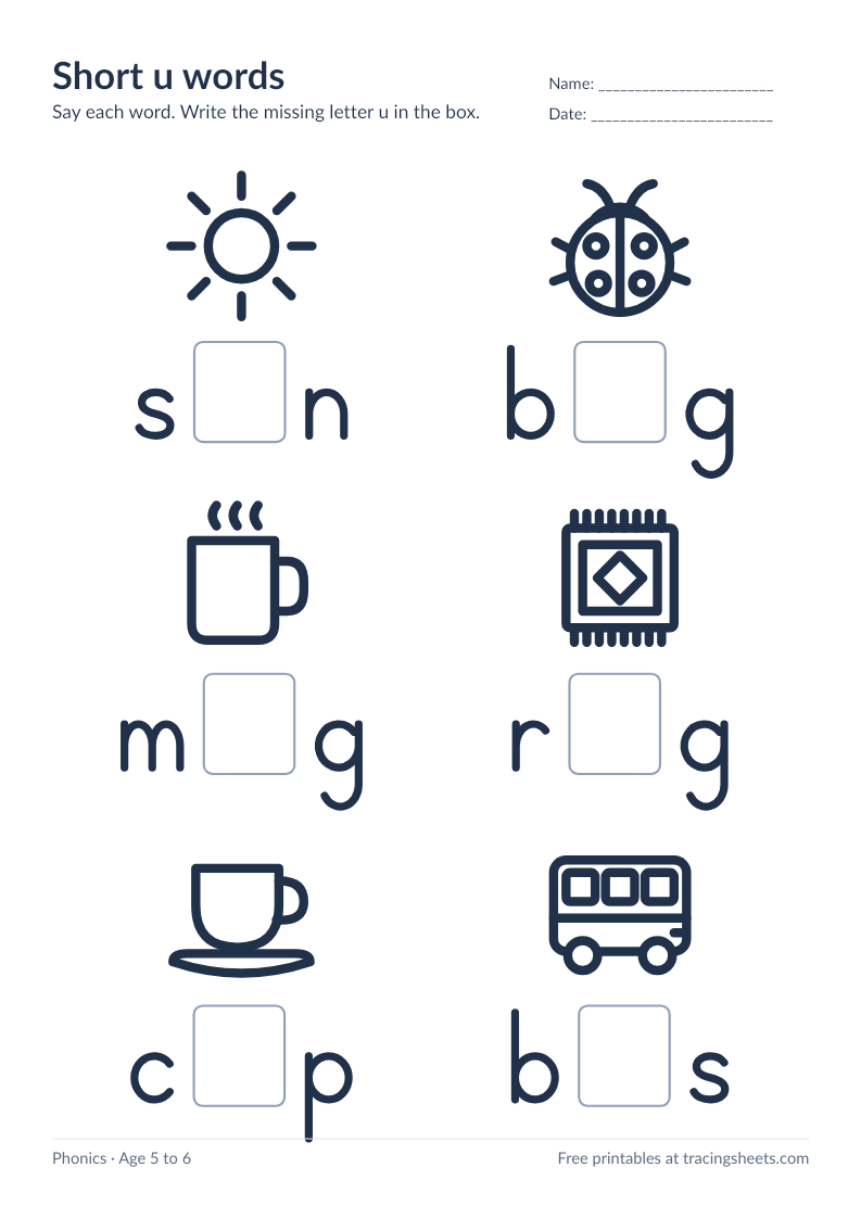 Preview of the printable short u words worksheet