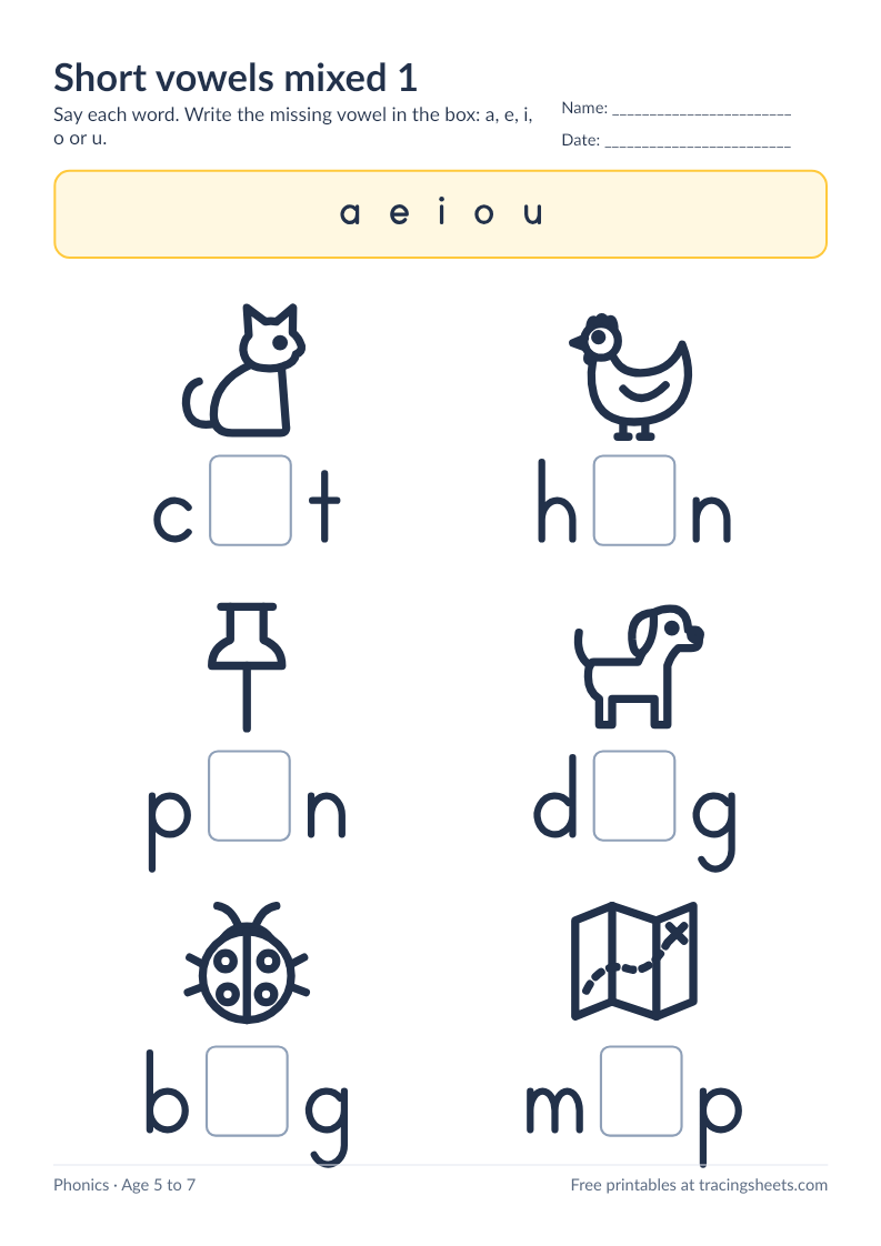 Preview of the printable short vowels mixed 1 worksheet
