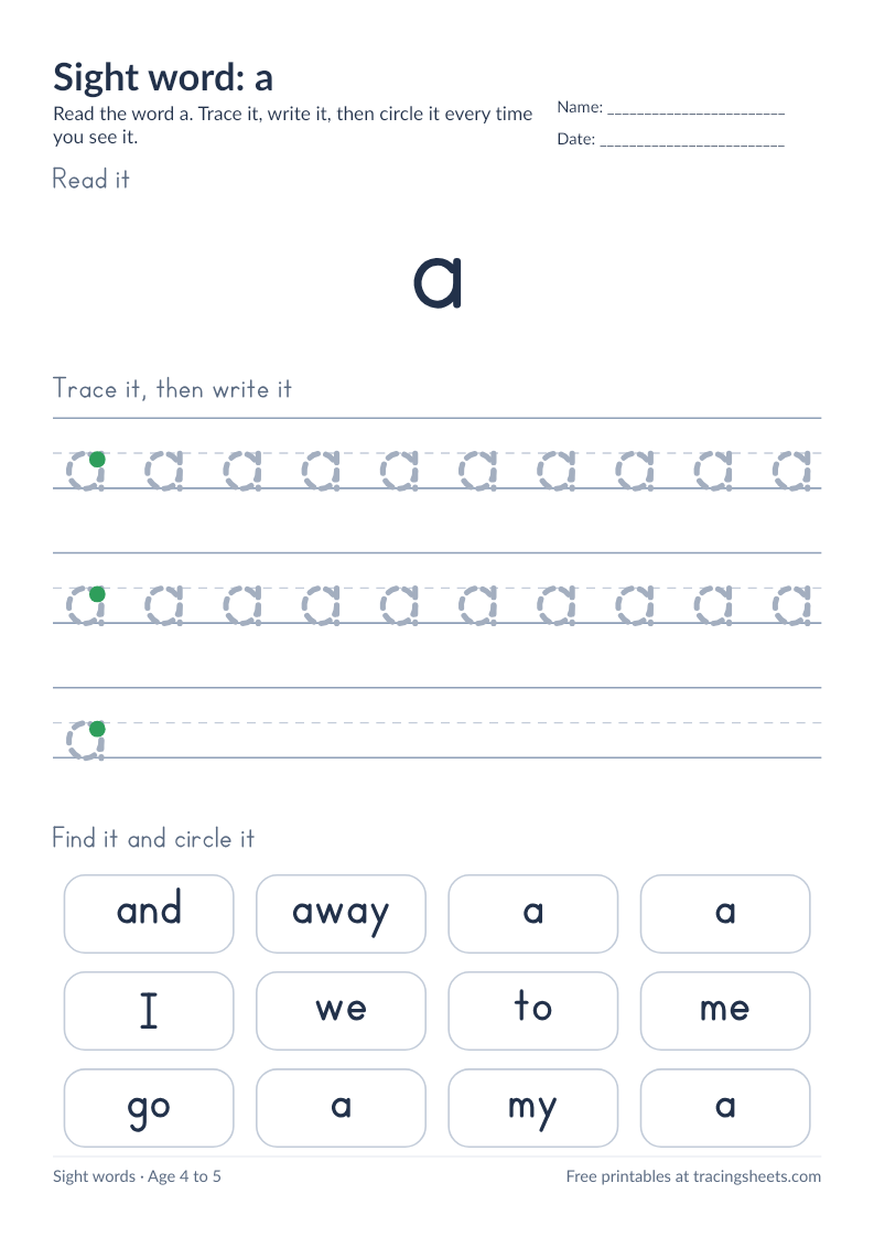Preview of the printable sight word: a worksheet