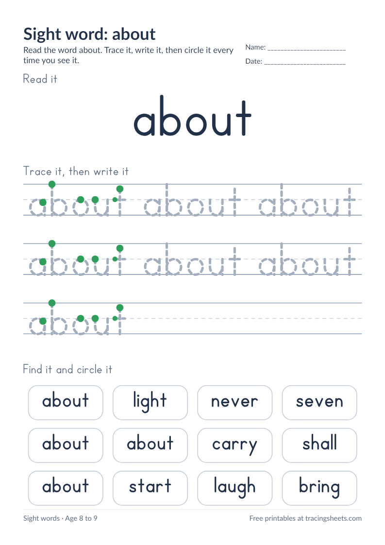 Preview of the printable sight word: about worksheet