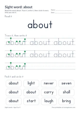 Preview of the sight word: about worksheet