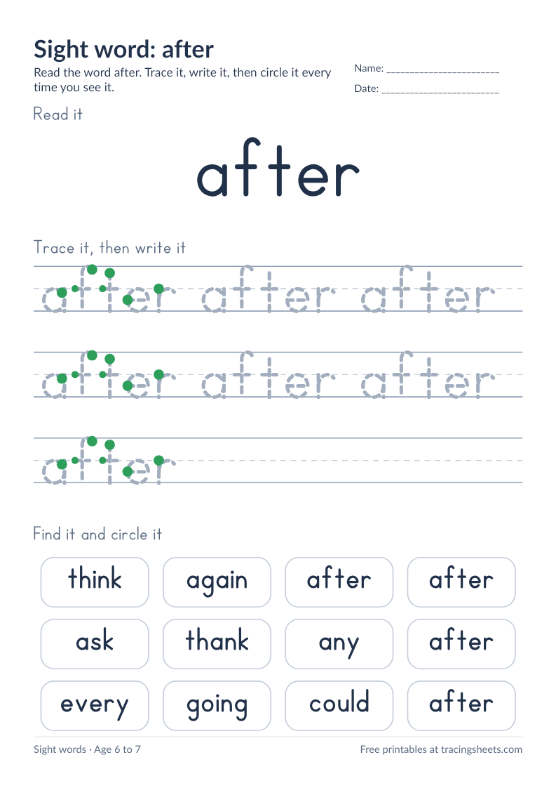 Preview of the printable sight word: after worksheet