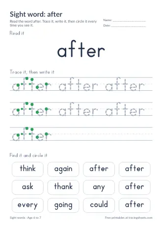 Preview of the sight word: after worksheet