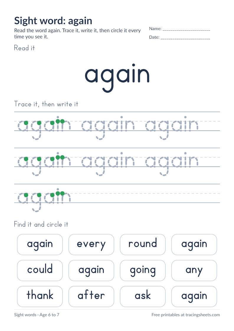 Preview of the printable sight word: again worksheet