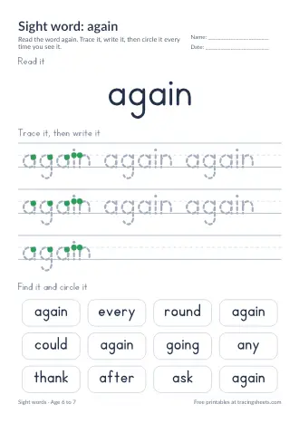 Preview of the sight word: again worksheet