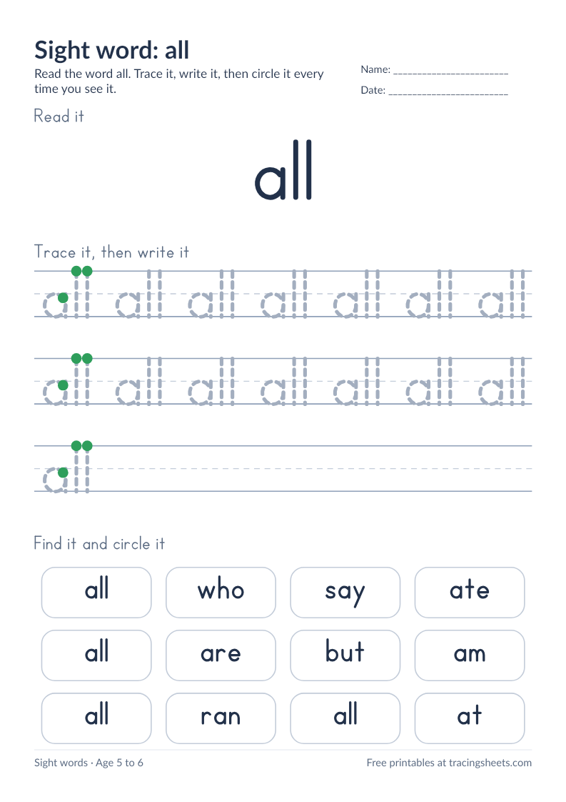 Preview of the printable sight word: all worksheet