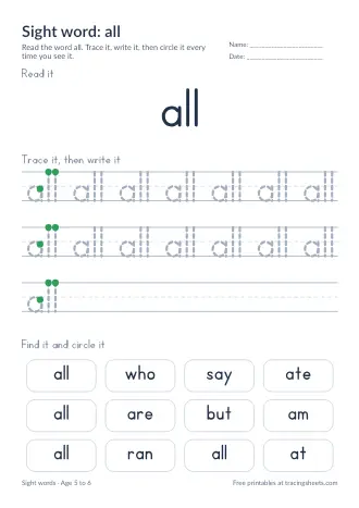 Preview of the sight word: all worksheet
