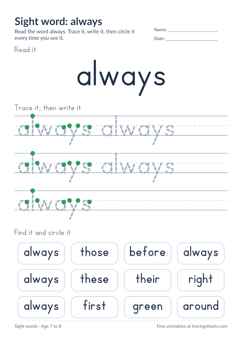 Preview of the printable sight word: always worksheet