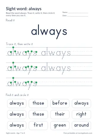Preview of the sight word: always worksheet